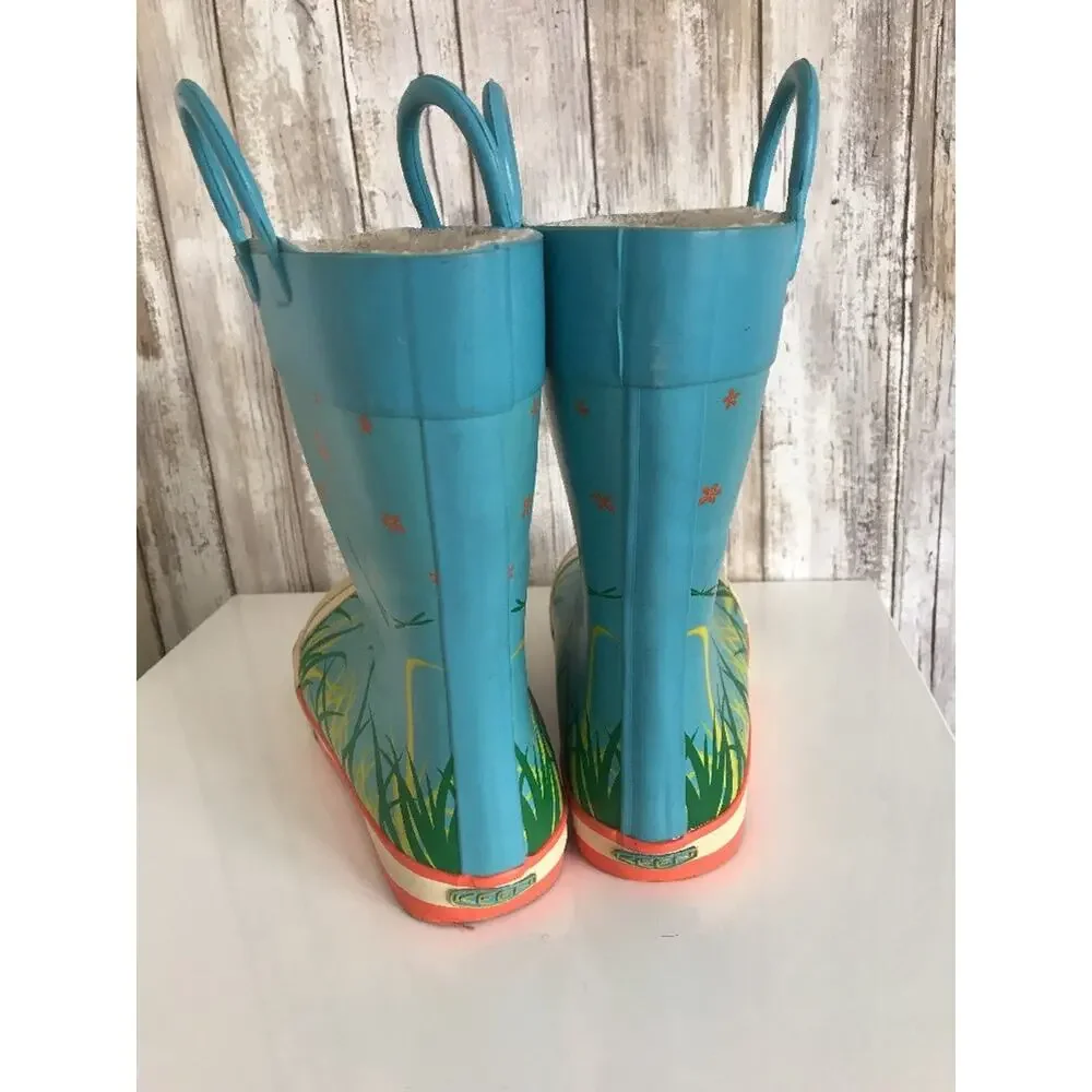 KEEN Coronado Blue Rain Boots Youth Kids 3 Rubber Mud Boots DragonFly Flower